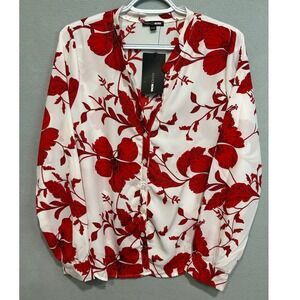 Womens Floral Top Size Large Beige Red Button Up Long Sleeve Cottage Core